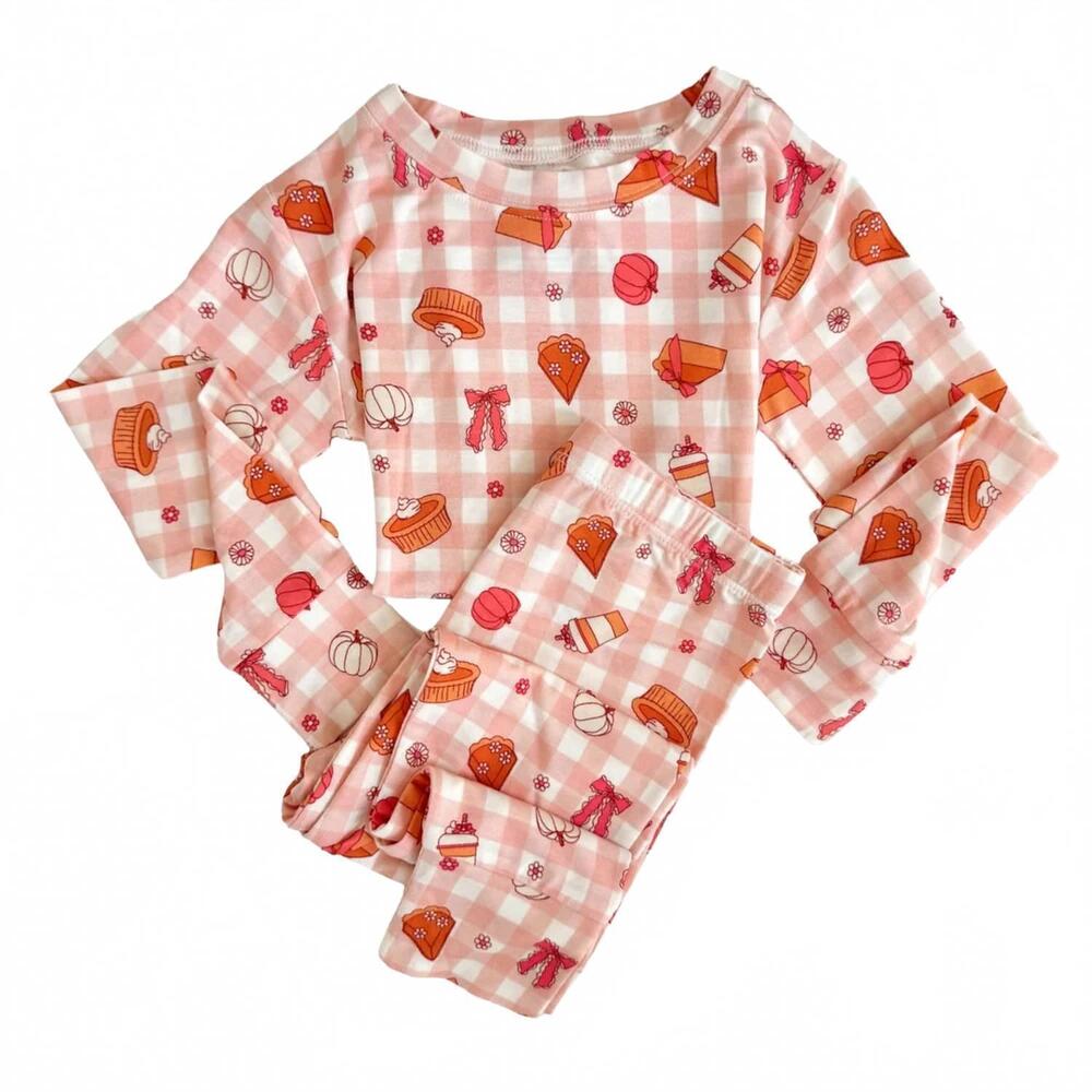 NEW IN MY JAMMERS kids' long sleeve two-piece pajama set in gingham pumpkin pie